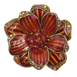 Vintage Chico’s Signed Red Enamel & Rhinestone Floral Brooch